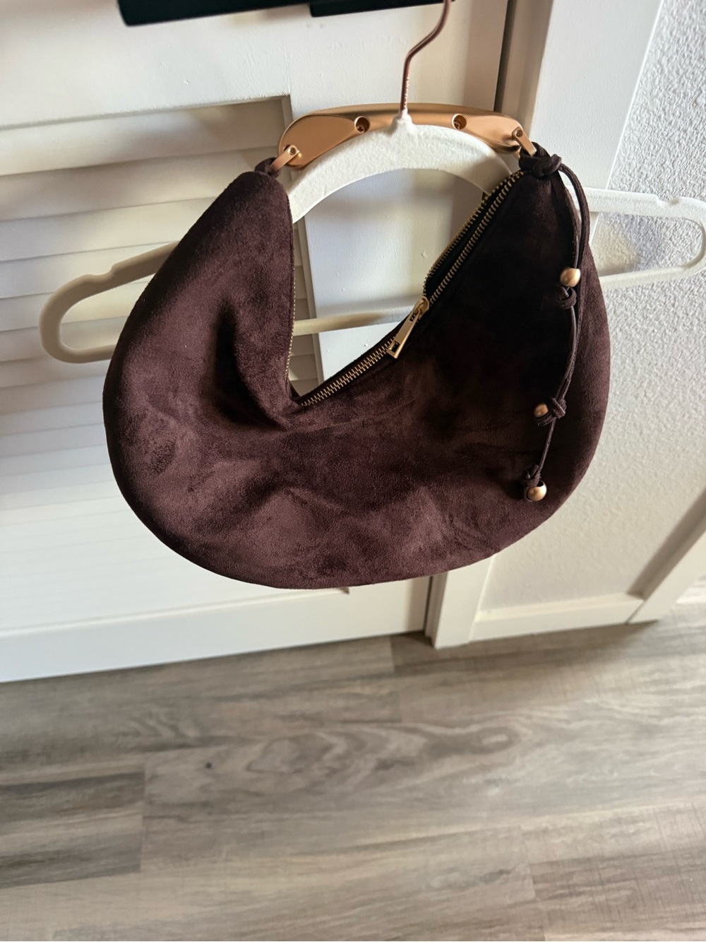 Suede Crescent Shoulder Bag in Dark Brown